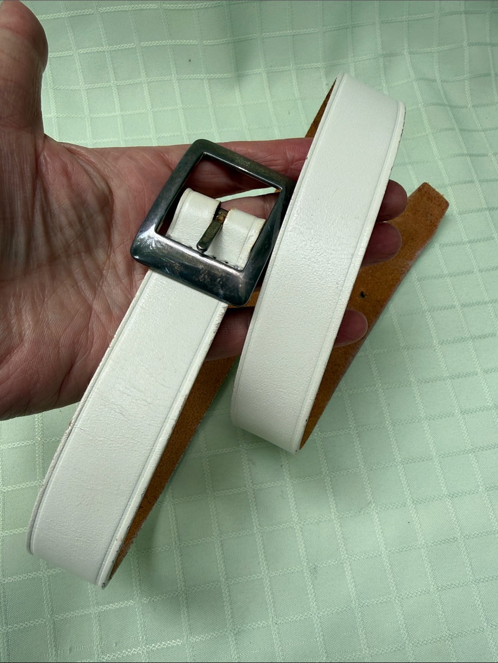 Vintage Jennifer Moore Cream Leather Belt with Silver Square Buckle